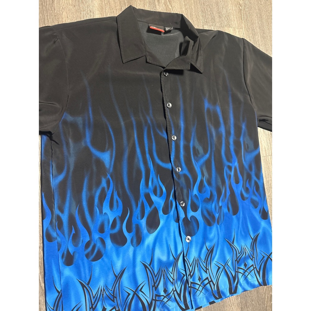 Street Culture Mens XXL Blue Flames Tribal Graphic Button Down Shirt Black Y2K